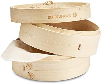 Reishunger Bamboo Steamer Ø 20 cm & 2 Levels incl. 2 Cotton Cloths - Traditional Cooking for Rice, Dim Sum, Vegetables, Meat and Fish, for 2 Persons