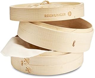 Reishunger Bamboo Steamer Ø 20 cm & 2 Levels incl. 2 Cotton Cloths - Traditional Cooking for Rice, Dim Sum, Vegetables, Meat and Fish, for 2 Persons