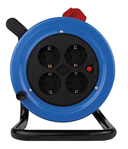 Carrete de cable para interiores azul de 15 metros con 4 enchufes REV 3