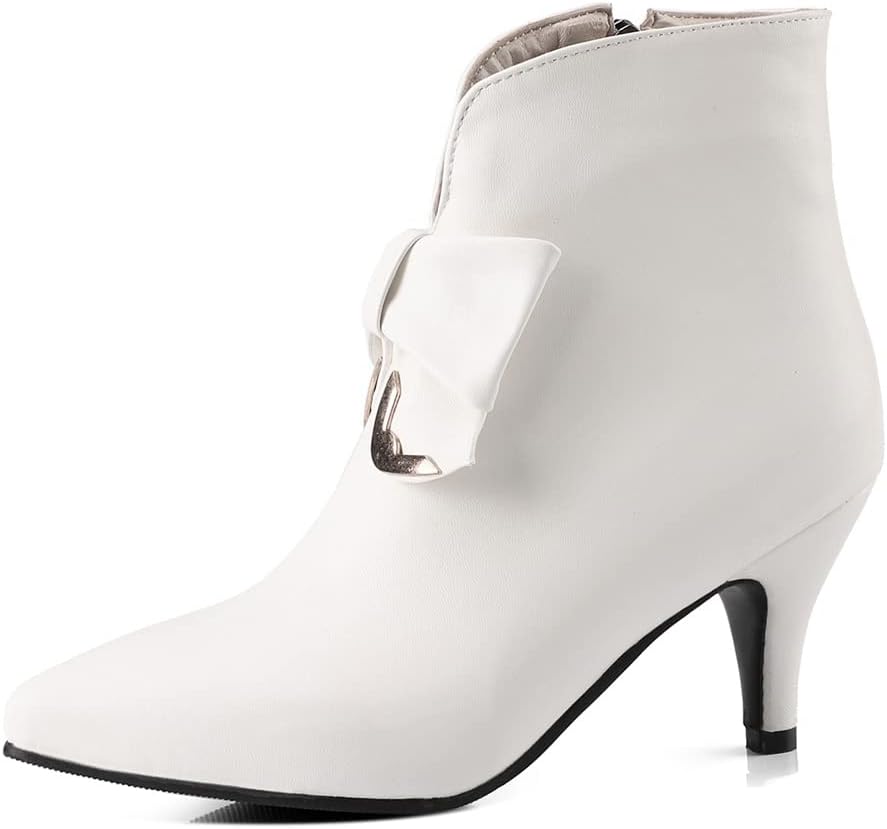 VOKLIN Women's Pointed Toe Bowtie Elegant Dressy Ankle Booties Zipper Stiletto Kitten Heel Dress Short Boots