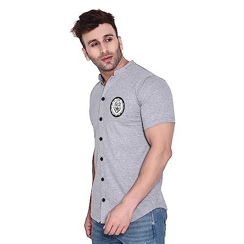 Image of Geum Men's Mandarin Collar Shirt with Graphic Print| Short Sleeve Cotton Blend Slim Fit Casual Shirt for Men