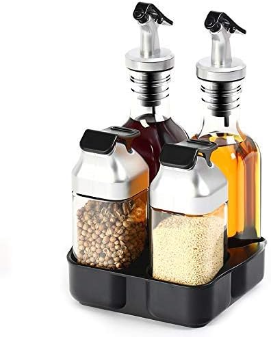 Stainless Steel Condiment Pot Set Stainless Steel Spice Jars Cooking Seasoning Bottle Dispenser Sauce Bottle Glass Storage Bottles for Oil and Vinegar Spices Kitchen Tool