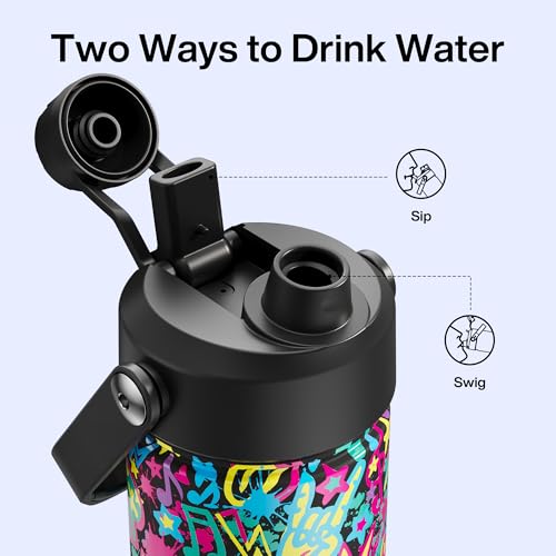 Image of ENCOOL Insulated Water Bottle with Straw Stainless Steel Water Bottle, Leak-Proof, BPA-Free, Double Wall Vacuum Keeps Cold for 24 Hours for Sports, Travel, School (26 oz, Graffiti Crown)