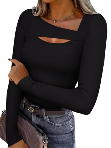 REORIA Women's Sexy Ribbed Long Sleeve Cutout Tops 2025 Fall Trendy Slim Fit Y2K Fashion Going Out T Shirts