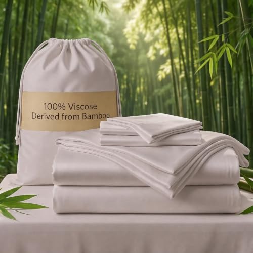 Image of Real 100% Viscose Derived from Bamboo Sheets Set Queen Size, Cooling & Silky Soft for Hot Sleeper, Luxury with Breathable & Moisture Wicking Fabric, 18 inch Deep Pocket with Corner Straps (Sand, Queen)