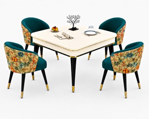Image of WOODEN SPACE 4 Seater Wooden Dining Table Set | Urban Marble Top Dining Table with Chairs for Dining Room & Kitchen (Modern Classic Printed Sea Blue) (42 x 42 x 30 inch)