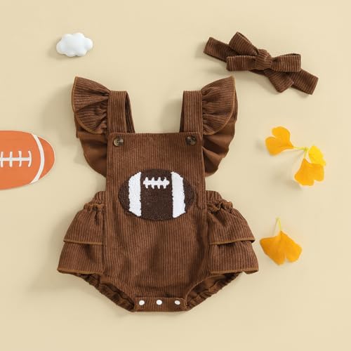 Football Baby Girl Outfit Embroidery Football Romper Ruffle Sleeve Corduroy Bodysuit Overalls Game Day Clothes3