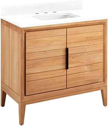 Signature Hardware 482557 Aliso 36" Free Standing Single Basin Vanity Set with Teak Cabinet, Granite Vanity Top, and Rectangular Porcelain Undermount Sink - Natural Teak/Feathered White