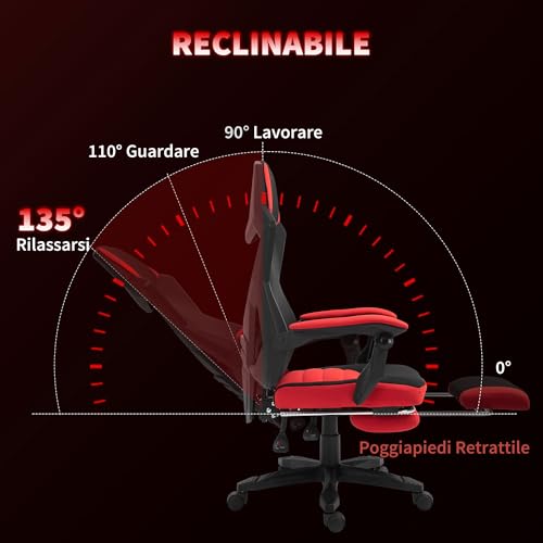 Sedia da Ufficio Ergonomica con Poggiapiedi Retrattile e Schienale Alto, Sedia da Scrivania Reclinabile Girevole con Altezza Regolabile, Supporto Lombare, in Tessuto a Rete, Rossa - Sedia gaming - Immagine 5