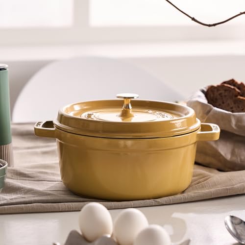 Image of Staub Cast Iron Round Cocotte, Dutch Oven, 7-quart, serves 7-8, Made in France, Citron