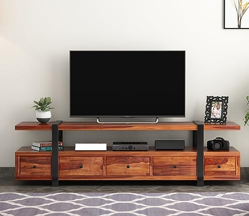 Image of Rustic Sheesham Wood & Metal TV Unit with 5 Drawers, 1 Shelf, and Storage for up to 70-inch TV - Perfect for Your Living Room (Arsenal, Honey Finish)