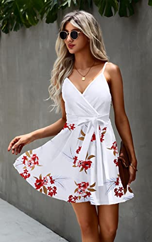 Image of ECOWISH Summer Dresses for Women 2026 V-Neck Spaghetti Strap Bowknot Backless Sleeveless Lace Mini Swing Skater Dress
