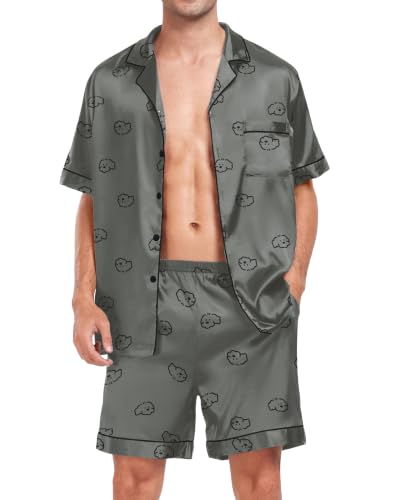 Image of SWOMOG Men Satin Silk Pajamas Sets Short Sleeve Sleepwear Button-Down PJs Sets Two-Pieces Loungewear with Pockets