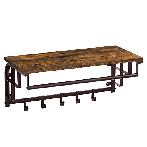 VASAGLE Wall-Mounted Coat Rack, Wall Hook Rack with Hanging Rod, Storage Shelf, Laundry Room Shelf with Hooks, for Entryway, Bathroom, Rustic Brown and Bronze ULCR105A01 31.5"L Rustic Brown