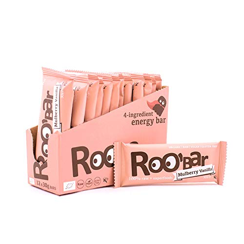 Roobar Barra de morera y vainilla-sin lácteos y sin gluten, 100% orgánico, vegano, crudo, con superalimentos, sin la adición de azúcar refinada-12 barras de 30 g en una caja