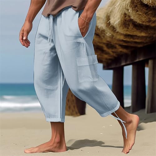 DuDubaby Baggy Pants Men Mens Casual Linen Loose Fit Elastic Drawstring Waist Straight-Legs Summer Beach Long4