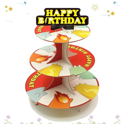 LeiGuoMinyyu Cartoon Monster Round Cardboard Cupcake Stand for Table Decorations Cupcake Toppers 3-Tier Cake Stand for Red Yellow Ball Birthday Party Decorations Supplies