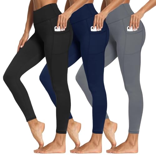 3 Packs Leggings with Pockets for Women, Soft High Waisted Tummy Control Workout Yoga Pants