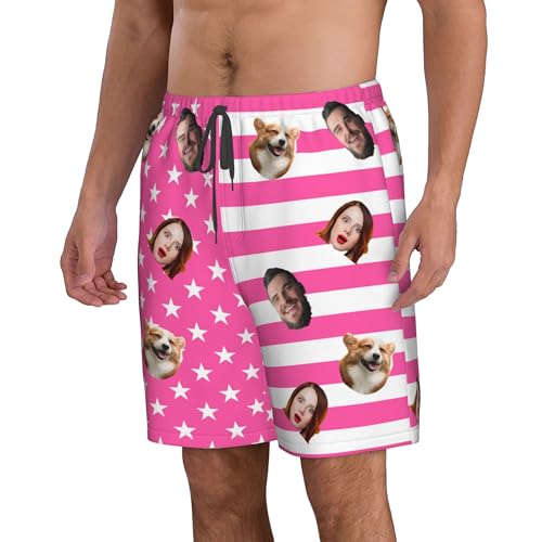 OHORTEB Custom American Flag Swim Trunks with Face, Personalized Photo Funny Beach Swim Board Shorts for Men2
