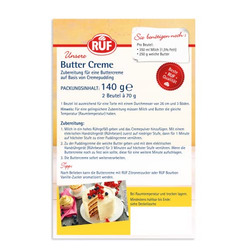 RUF Buttercreme mit Creme-Pudding, zum Eindecken & Garnieren von Torten & Cupcakes, Fondant-tauglich, vielseitig anwendbar, glutenfrei & vegan, 2 x 70g