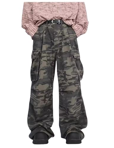 Mens Camo Cargo Pants Y2k Hip Hop Jeans Vintage Dance Skateboard Denim Pants Loose Fit Camouflage Pants Streetwear