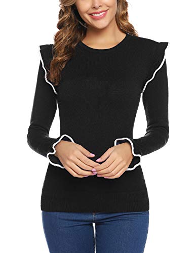 Aibrou Sweaters for Women Ruffle Knitted Crew Neck Long Sleeve Pullover Lightweight Black Large