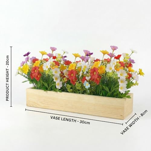 Image of Dekorly Artificial Multi Colour Daisy Flower Arrangement with Wooden Planter (24 CM) | Premium Realistic Floral Decor for Table & Living Room | Stylish Indoor Decor for Living Room