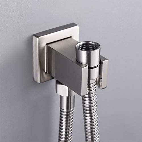 Wall Supply Elbow With Hand Shower Holder, Keymark Brass Square 1/2″Shower Hose Connector, Wall Mount Drop Ell Union Water Outlet, Brushed Nickel #TOP5