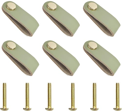 Worldly 6 Pièces Boutons de Meubles en Cuir, Poignée de Tiroir Poignée D'armoire, Poignée de Porte D'armoire Cuir PU Souple Poignées de Porte（Vert）