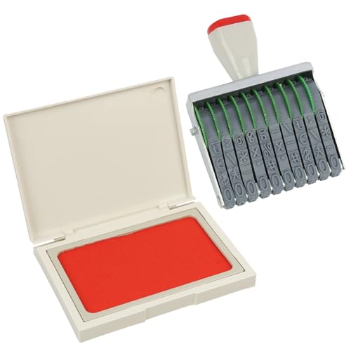 Sello Fechador Numérico Ajustable, 10 Dígitos, Sello de Fecha con Tinta Roja Incluida, Marco de Metal y Plástico, Formato de Impresión 67 x 7 mm, para Oficina y Comercio - Gris/Negro