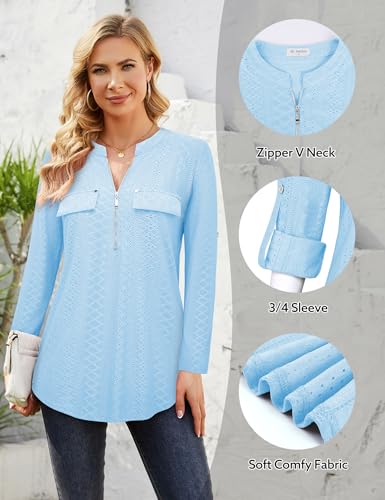 Image of Bulotus 3 /4 Length Sleeve Womens Striped Tops Zipper V Neck Collared Blouses Business Casual Tunics 2026 Spring Trendy