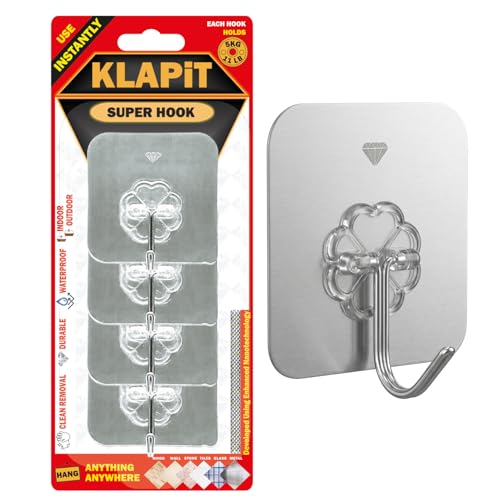 Image of KLAPiT Super Hook - Heavy Duty Adhesive Wall Hooks, No Drilling, Waterproof, Damage-Free Hanging Solution for Bedroom, Bathroom, and Kitchen Items - Silver, 4 pcs.