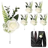 BESSVWELL 6PCS Wedding Rose Boutonniere and Flower Buttonhole White Artificial Corsage for Groom, Men, Bridal Women Suit Dress