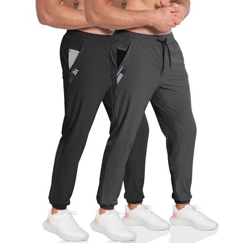 BROKIG Men's Contrast Athletic Gym Jogger Pants, Stretch Quick Dry Lightweight Workout Track Pants with Zipper Pockets (X-Large, Black+Dark Grey)