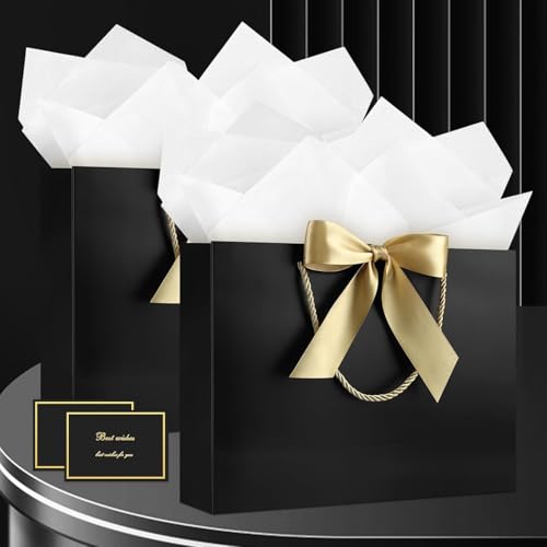 Image of JMANNI Gift Bags with Handles, 13 inch Medium Gift Bag for Presents, 2 Pcs Bags with 4 Tissue Paper and 2 Cards for Baby Shower Wedding Bridal Shower Mother's Day Birthday Party (Black)