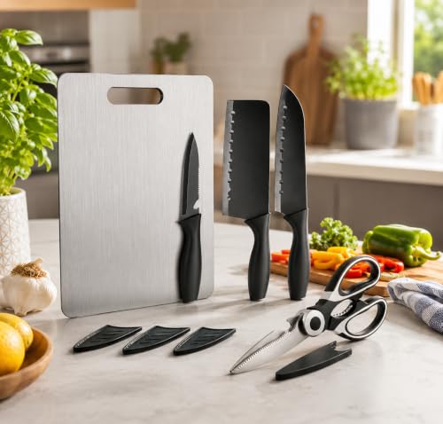 Image of Kitchen Knife Set with Steel Board & Scissors | 3 Cooking Knives Black Coted Stainless Steel Blade With Covers | Food Grade Steel Chopping Board for Veggis,Meat | Multipurpose Kitchen Scissors