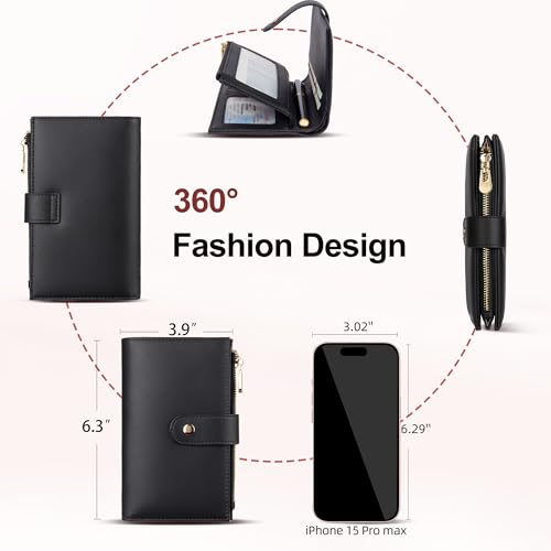 Image of yiijay Womens RFID Blocking Vegan Leather Trifold Clutch Credit Card Holder Ladies Travel Wallet Purse with Pen Holder, Black