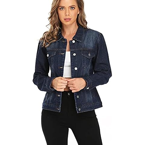 Dilgul Women's Denim Jacket Casual Long Sleeve Basic Button Down Denim Jean Jacket Dark Blue L Cover