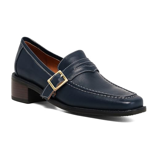 Image of MOOMMO Women Blue Chunky Heel Penny Loafers Square Toe Buckle Slip On 2 inch Stacked Block Heel Dress Loafers Oxfords Office Ladies Comfy Classic Loafer Pumps Matte Navy Size 8.5 M US