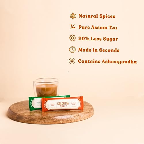 Image of Calcutta Chai Co - Masala Chai | Ginger Chai | Instant Tea Premixes | 30 Sachets | 420g | Pack of 2 | Made With Assam Tea | Added Natural Spices | Low Sugar