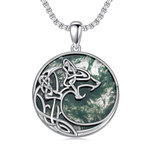 Wolf Moss Agate Necklace for Men S925 Sterling Silver Round Wolf Moss Agate Necklace for Men Handmade Silver Pendant Fine Jewelry Gifts for Father’s Day Men Him