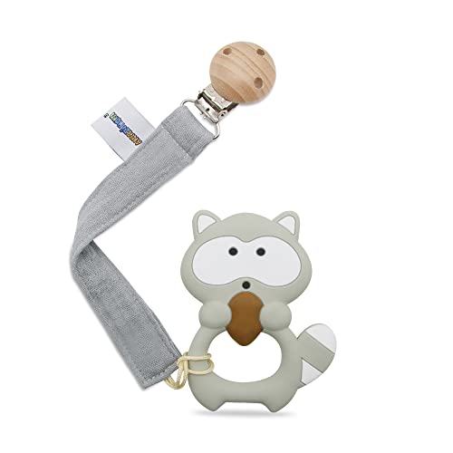 Image of Baby Food Grade Silicone Teether Toy with Pacifier Clip Holder,Teething Pain Relief Toys Gift Set for 3 Months+ Boys and Girls,Freezer Safe,BPA Free (Raccoon)