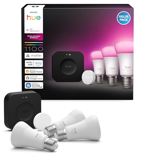Philips Hue Bridge Pro + Smart Button + A60 E27 Smart Bulbs, 3 Pack