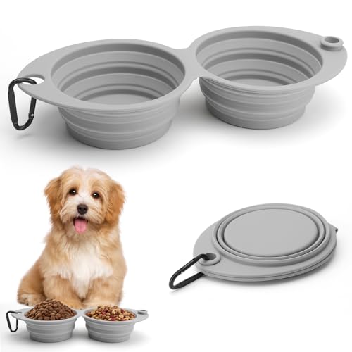 ZMDMAH Cuenco para perros, plegable, integrado, sin borde de plástico, 2 en 1, cuenco de comida para mascotas, senderismo, camping, gris claro
