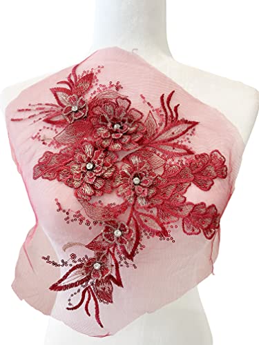 PEPPERLONELY 3D Beaded Flower Sew on Embroidered Lace Applique Wedding Dress Bride's Gown Headdress Adornment DIY Patch Clothing Accessories, 13.5 x 8.5 Inches, Wine