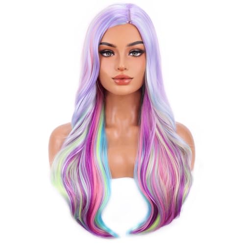 RightOn Rainbow Wig Long Curly Wig Multi-Color Wigs Charming Full Wigs for Cosplay Girls Party or Daily Use Hairnet Included