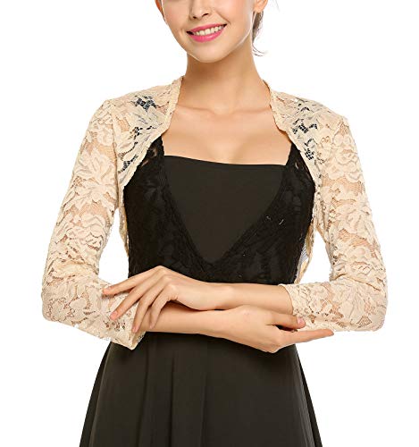 Grabsa Womenâ€™s 3 4 Sleeve Lace Shrugs Bolero Cardigan Crochet Sheer Crop Jacket Nude