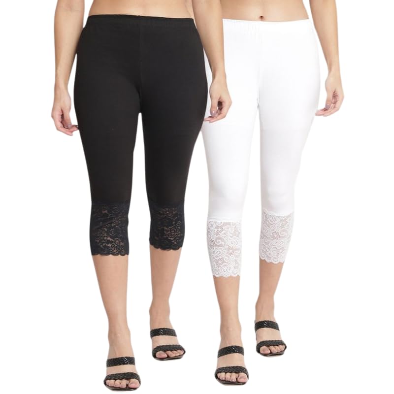 100% Cotton Lycra Lace Capri Leggings for Women | Stylish Net Capri for Girls - (Pack of 2)-image-10