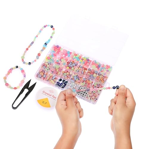 Image of ambitieux DIY Bracelet Making Kit - 800 + pcs 24 Colorful Beads, 10m Elastic Thread, Jute Bag, and Cutter - Gift for Girls Birthdays (Multicolor Mix 1)