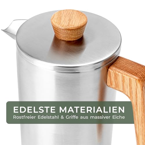 Foto von WALDWERK French Press (1L) - Kaffeebereiter aus ​​doppelwandigem Edelstahl mit Holzgriff aus Eichenholz - plastikfreier Kaffeezubereiter